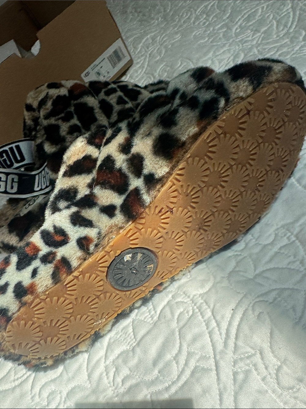 UGG Leopard Faux Fur Slide Slippers - Brown Black Cream - Picture 2 of 10